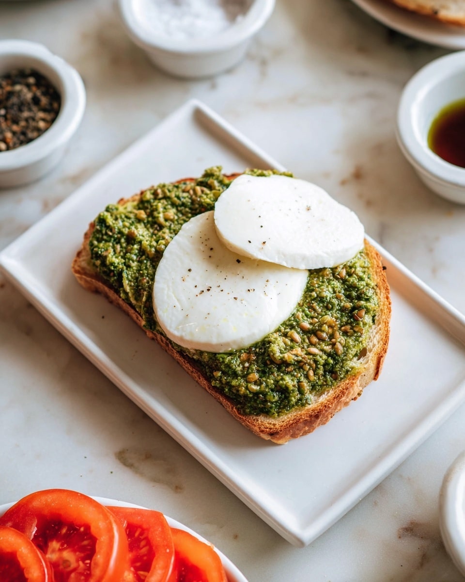 A white rectangular plate holds a single piece of toasted bread topped with a thick layer of green pesto spread, showing a coarse texture with bits of herbs and nuts. On top of the pesto are two circular slices of white mozzarella cheese, smooth and creamy in appearance, slightly overlapping each other near the middle of the toast. The plate sits on a white marbled surface, surrounded by small white bowls with coarse salt, black pepper, and a dark liquid, and a round plate with bright red tomato slices is partially visible at the bottom edge of the image. photo taken with an iphone --ar 4:5 --v 7