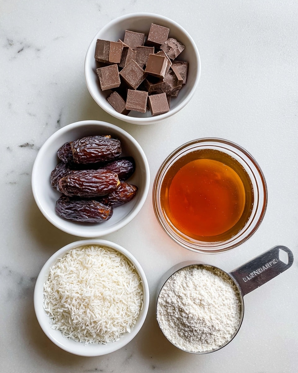 The image shows five containers with different ingredients arranged on a white marbled surface. There is one white bowl at the top filled with small brown chocolate squares, and below it another white bowl holding several dark brown dates. To the right of the dates, there is a clear glass bowl with a smooth layer of amber-colored liquid, likely syrup. Next to this, on the right side, is a metal measuring cup filled with finely ground white powder, possibly almond flour. Below this cup, another metal measuring cup contains fluffy white shredded coconut. The containers are neatly placed with clear spacing between them, all viewed from above in bright, natural light. Photo taken with an iphone --ar 4:5 --v 7