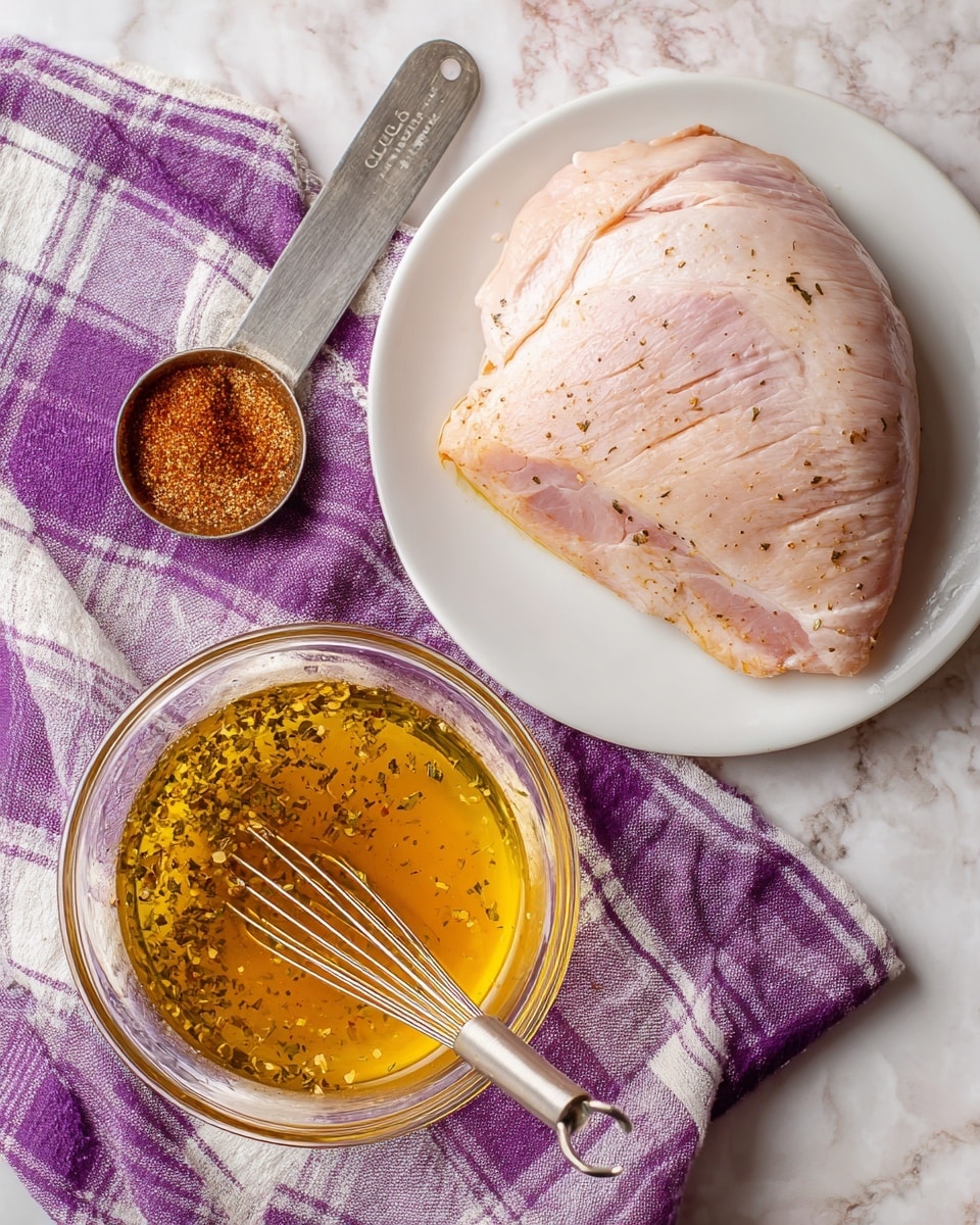 A large piece of turkey breast sits on a white plate in the top right, showing its pale pink and light brown colors with a smooth texture and light seasoning on top; to the left, a metal measuring spoon holds reddish-brown Cajun seasoning, above a clear glass bowl filled with a golden yellow liquid marinade with herbs, and a small metal whisk resting inside the bowl; below the bowl is a purple and white checkered cloth on a white marbled surface beneath everything, photo taken with an iphone --ar 4:5 --v 7
