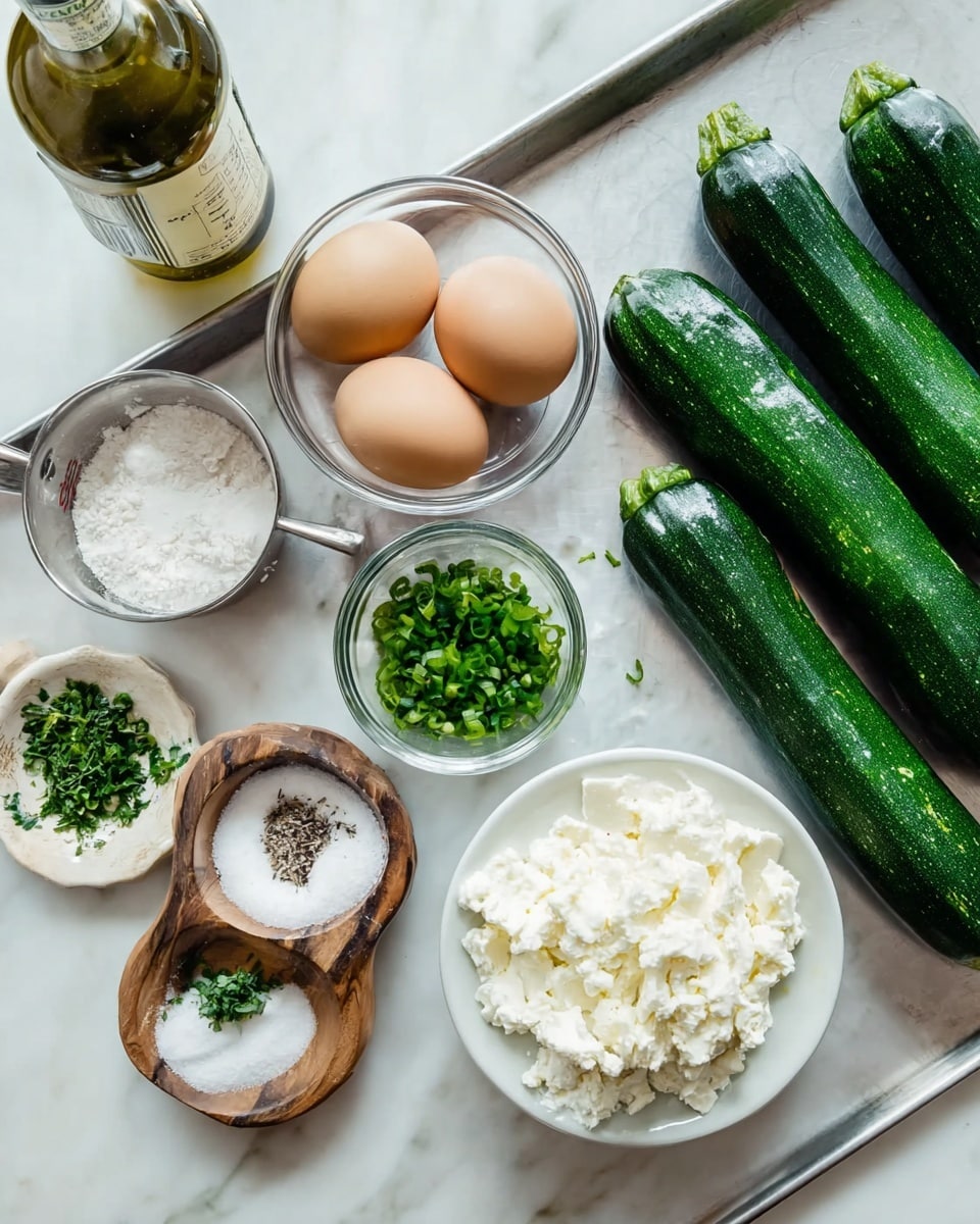 The image shows fresh ingredients arranged neatly on a white marbled surface. There are three long dark green zucchinis on the right side. Near the center, there are two clear glass bowls, one holding two brown eggs and the other filled with white soft cheese. In front of those bowls, there are three smaller containers: a small white plate with green chopped onions, a small clear bowl with chopped green herbs, and a small white bowl with minced garlic. A metal measuring cup holds white flour, and a small wooden bowl contains salt and pepper. In the top left corner, there is a bottle of extra virgin olive oil. All ingredients are well spaced on a shiny metal tray. photo taken with an iphone --ar 4:5 --v 7