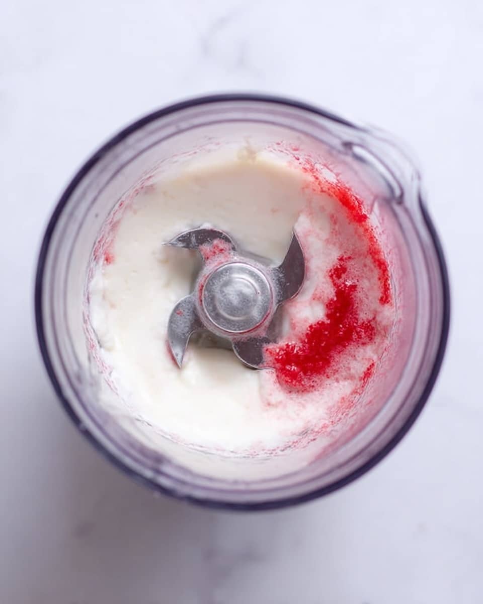 The image shows a blender jar from above with a mix of white and red liquids inside. The bottom layer is a thick white creamy substance with some smooth texture. On the right side, there is a small amount of red liquid that spreads slightly into the white layer. The blender blades are visible in the middle, silver and sharp. The background is a white marbled surface. photo taken with an iphone --ar 4:5 --v 7