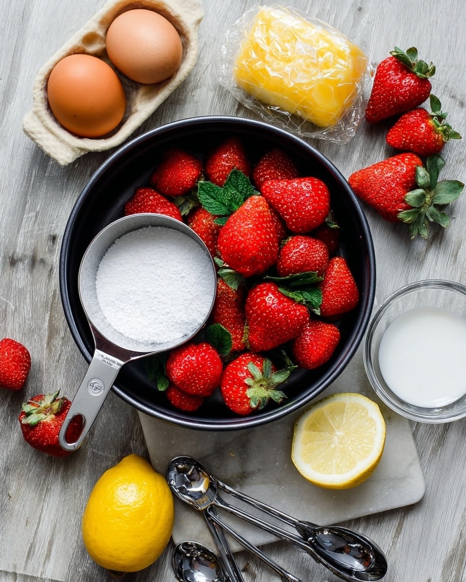 A round black baking pan filled with fresh whole strawberries with green leaves, two brown eggs, a wrapped block of butter, a half lemon with bright yellow flesh placed near the strawberries, a metal measuring cup full of white sugar, and a small clear glass bowl of white salt sitting among the ingredients. Surrounding the pan on a white marbled surface are another half lemon and a few loose strawberries. Several metal measuring spoons lie next to the pan. photo taken with an iphone --ar 4:5 --v 7