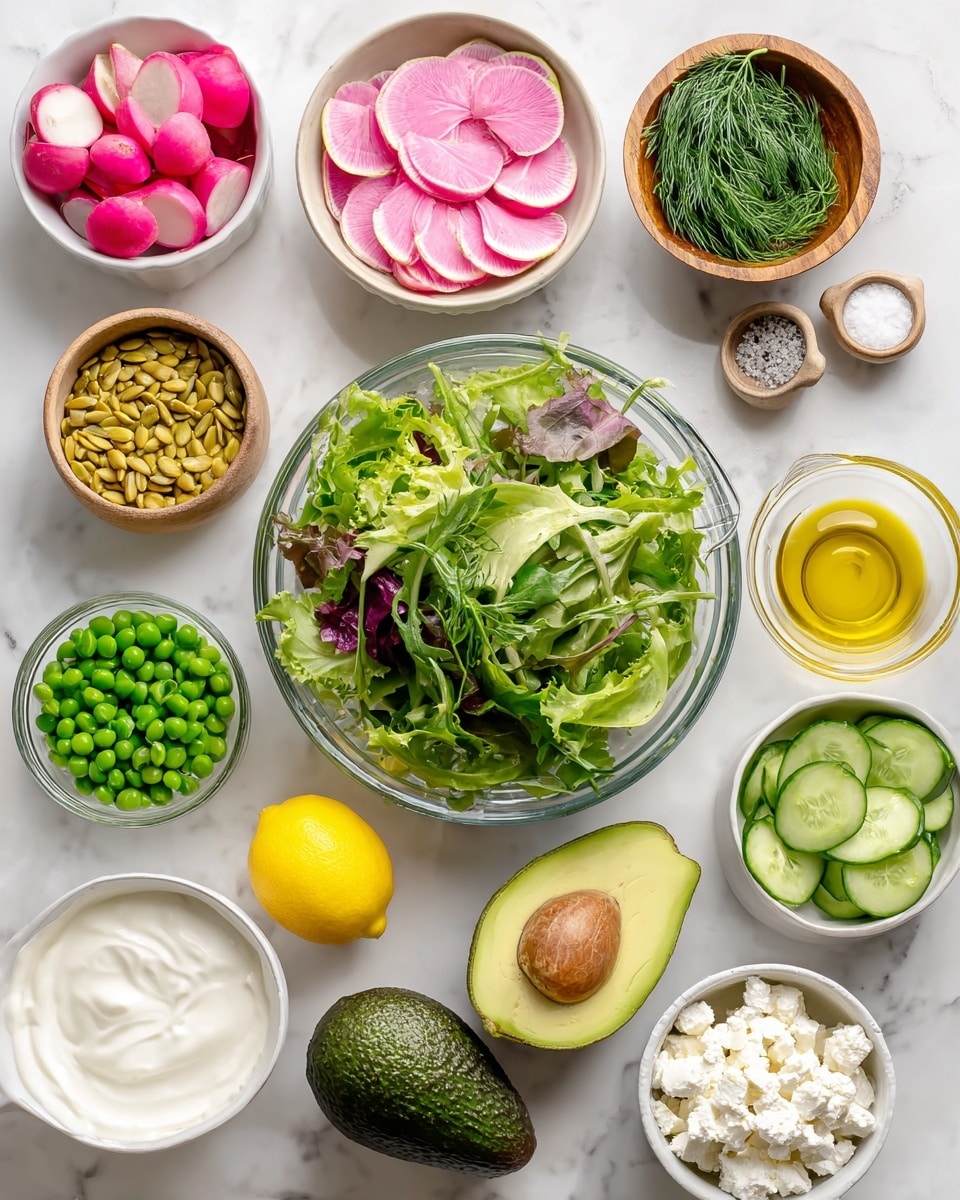 A clear glass bowl in the center holds a spring mix with bright green and some purplish leaves, surrounded by smaller white bowls with distinct ingredients: bright pink and white watermelon radishes sliced into wedges at the top left, yellowish pumpkin seeds in the white bowl to their right, finely chopped fresh dill in a wooden bowl at the top center right, a clear small bowl of salt next to it, and a small bowl of olive oil with a golden yellow liquid near the top right. To the right, another clear bowl contains light green Persian cucumber slices. Below, a bright yellow lemon sits on the white marbled surface next to a white bowl filled with soft crumbled goat cheese. Below the spring mix bowl, a white bowl of sour cream with a smooth texture sits beside a whole avocado with a dark green, bumpy skin. A clear bowl full of vibrant green peas is on the bottom left, and a small glass of white milk is near the radishes on the left. The clean white marbled background ties the fresh look together photo taken with an iphone --ar 4:5 --v 7