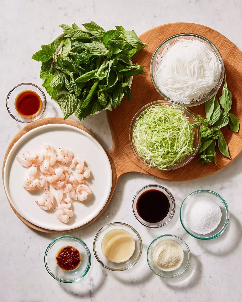 A round white plate is placed on a white marbled surface, next to a wooden board holding green leafy herbs including mint and cilantro. Surrounding the plate and board are several small clear glass bowls containing various ingredients: shredded green lettuce, pink shrimp, thin white rice noodles, dark brown sauce, small red chili paste, light brown liquid, chopped garlic, a pale yellow liquid, white granulated sugar, and clear liquid. The setup shows fresh and raw components neatly arranged for cooking or assembling a fresh dish. Photo taken with an iphone --ar 4:5 --v 7