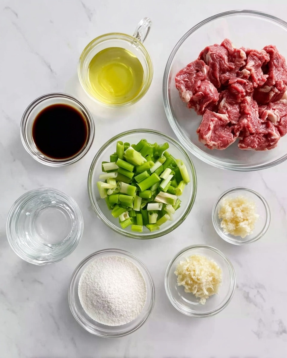 The image shows eight small clear glass bowls arranged on a white marbled surface. The largest bowl on the right holds several thin slices of raw red meat with some white fat. In the center, a medium bowl is filled with chopped green onions, their white and light green parts visible. On the left top is a cup with light yellow cooking oil, and below it, a cup with dark brown soy sauce. At the bottom left is a cup of clear water. Near the center bottom, there is a bowl of white powder, likely cornstarch. To the right of this, two smaller bowls contain minced white garlic and minced pale yellow ginger. Another tiny cup holds a small amount of clear liquid. All bowls are on a white marbled surface. photo taken with an iphone --ar 4:5 --v 7