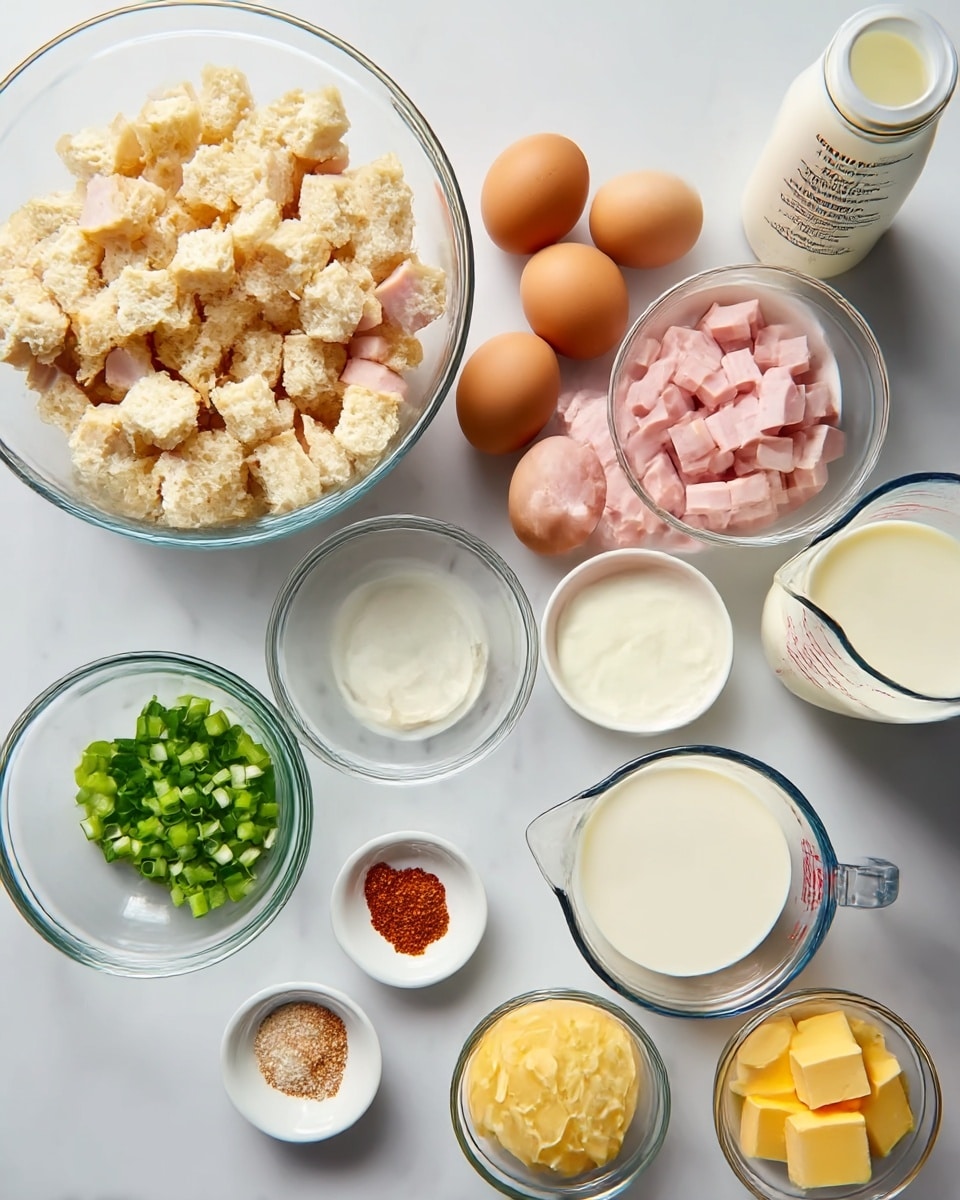 A white marbled surface holds several clear glass bowls and small white dishes containing ingredients for cooking. One large clear bowl is full of roughly chopped bread pieces with a light beige color. Another clear bowl holds pale pink cubed ham. A medium-sized white bowl contains six brown eggs. There is a small clear bowl with bright green chopped spring onions, and two small white dishes with white granulated salt and a reddish spice. Three more clear bowls hold cubed yellow butter, light yellow grated cheese, and creamy white milk. A clear glass measuring cup with white cream and a white bottle with a nutrition label are also present. All items are neatly arranged and well-lit, showing their colors and textures clearly, photo taken with an iphone --ar 4:5 --v 7