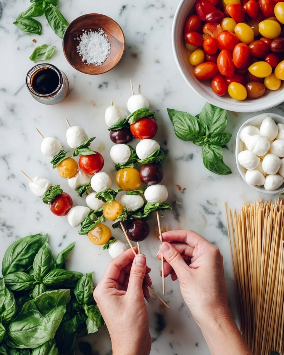 A pair of woman's hands hold a skewer with layers of dark red cherry tomato, green basil leaves, white small mozzarella balls, and a yellow cherry tomato, arranged from bottom to top. Multiple similar skewers lie on a white marbled surface around the hands. There is a white bowl filled with a mix of red, yellow, and dark cherry tomatoes to the right side, and another white bowl with white mozzarella balls near the top. Fresh green basil leaves are scattered on the surface, along with a small wooden bowl containing coarse salt and a small glass jar of dark balsamic vinegar on the left. A bundle of wooden skewers is placed to the right side of the scene. Photo taken with an iphone --ar 4:5 --v 7