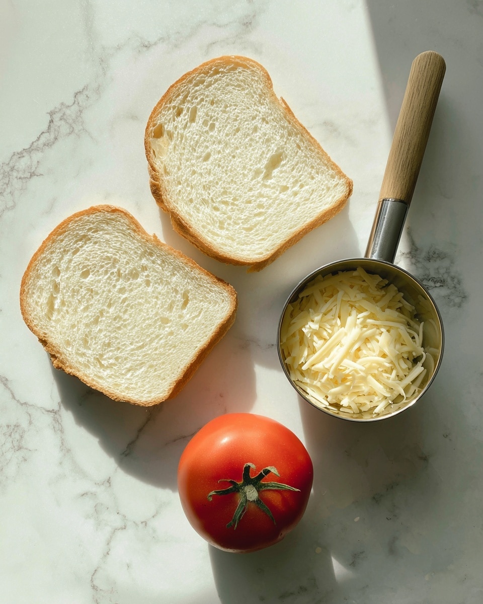 The image shows two slices of white bread placed side by side on a white marbled surface with soft sunlight casting shadows across them. Below the bread, there is a round, red tomato with a green stem still attached, sitting directly on the white marbled texture. To the right of the tomato, there is a metal measuring cup filled with pale yellow shredded cheese, with a wooden handle resting on the surface. The arrangement is simple with the bread at the top, tomato below on the left, and cheese cup below on the right, all under natural light. photo taken with an iphone --ar 4:5 --v 7