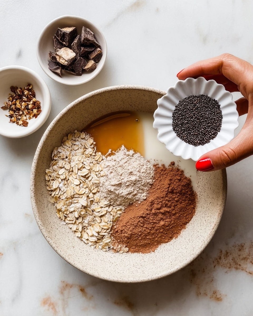 A large speckled beige bowl holds four layers of ingredients: creamy milk with light tan oats on the left, a pool of amber liquid syrup below the oats, a light brown powder on the upper right, and a darker cocoa powder on the lower right. A woman's hand with red nail polish holds a small white scalloped bowl filled with small black seeds poised above the large bowl. In the background on a white marbled surface, two small white bowls appear: one filled with cracked dark and light chocolate pieces and another empty with a rough texture inside. Photo taken with an iphone --ar 4:5 --v 7