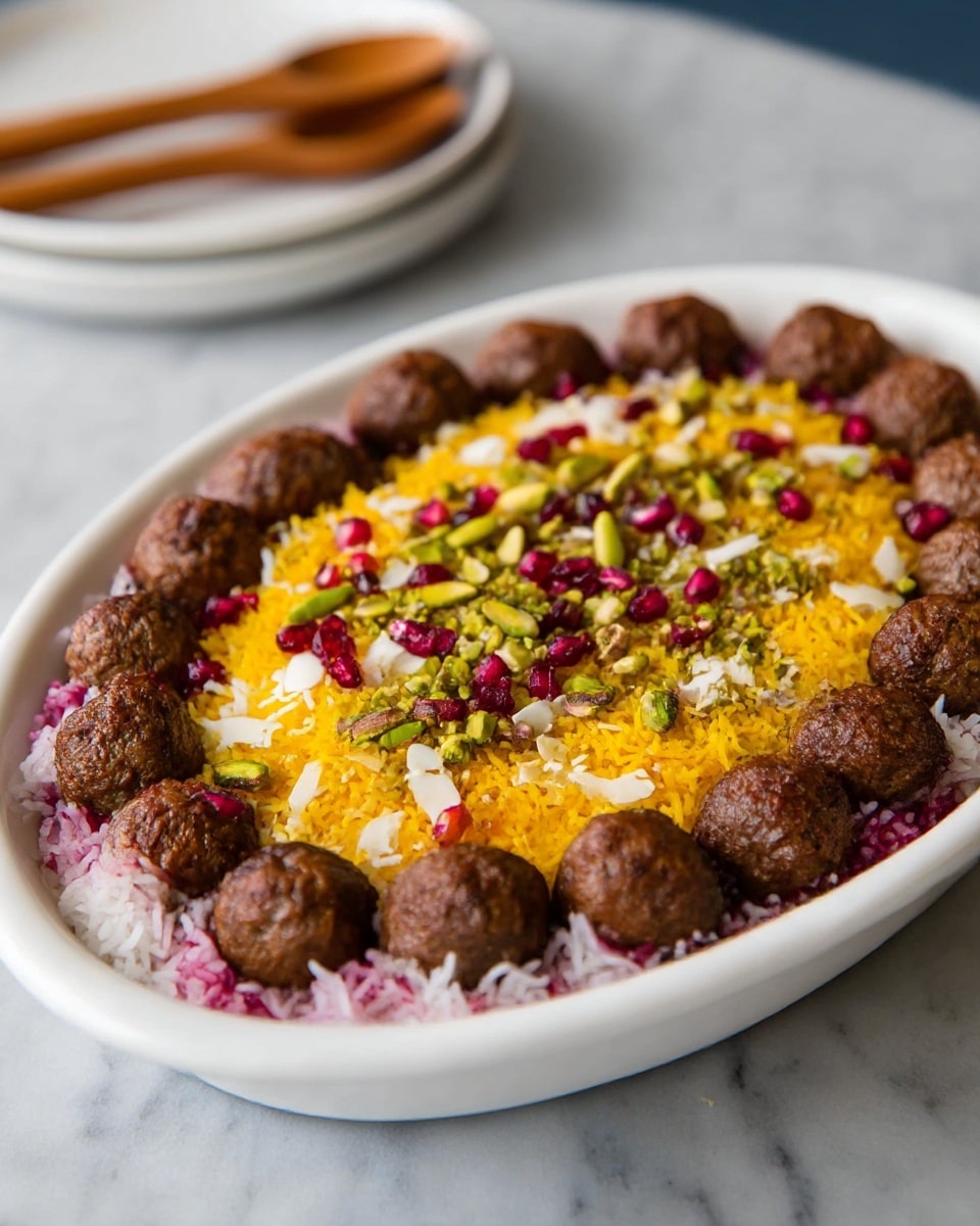 A white oval dish on a white marbled surface holds a colorful layered rice dish surrounded by a ring of small, round, brown meatballs. The bottom rice layer is white with a hint of pink, topped by a bright yellow rice layer mixed with red dried berries, white slivered nuts, and green pistachio pieces scattered evenly across the top. The meatballs are evenly spaced around the edge, creating a neat border around the rice. In the blurred background, there is a white plate with two wooden spoons. Photo taken with an iphone --ar 4:5 --v 7