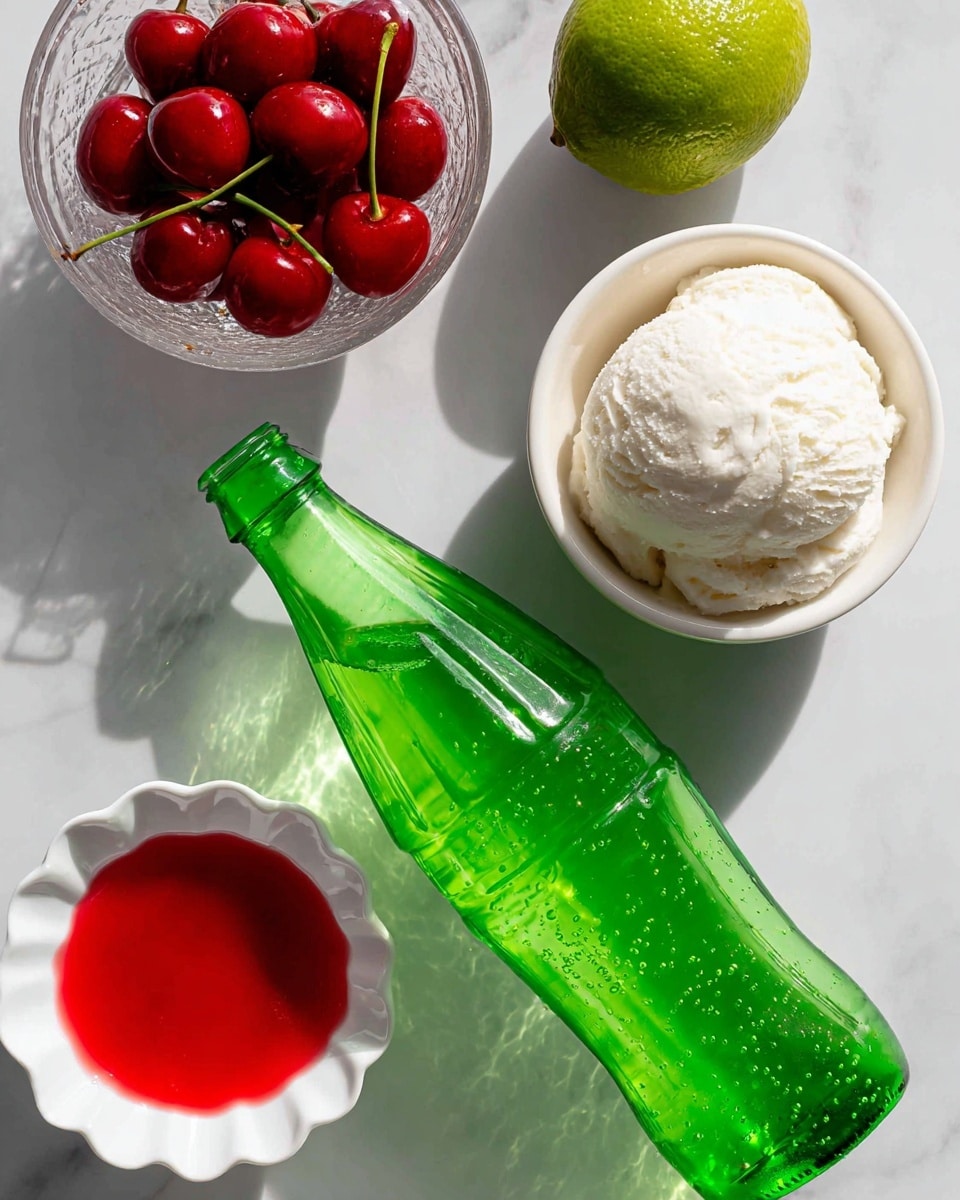 A green plastic bottle of lemon-lime soda lays diagonally on a white marbled surface, showing tiny bubbles inside. Above it, two bright green limes are placed next to each other. To the right, a small white bowl holds smooth vanilla ice cream with some texture on top. Below the limes, a white scalloped dish contains bright red grenadine syrup. On the left side of the soda bottle, a clear glass has shiny red cherries inside, with light reflection adding shine. The scene is clean and bright with natural lighting. Photo taken with an iphone --ar 4:5 --v 7