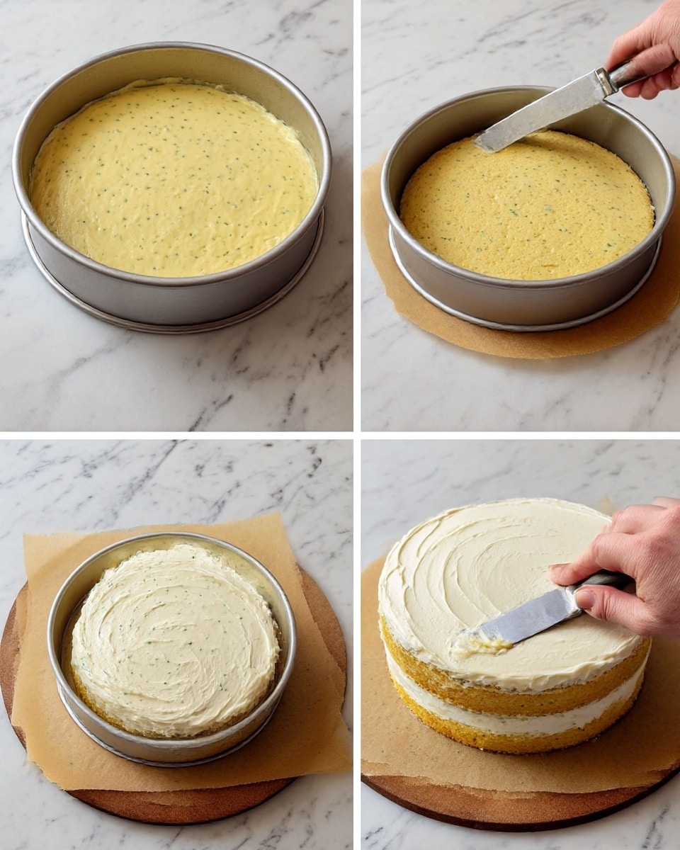 Two round metal pans with pale green batter showing a slightly textured surface are placed on a white marbled countertop in the first image. The next image shows the same pans with the batter baked into light golden cakes that have a smooth, slightly spongy look. The third image shows one cake layer on a round board covered with brown paper, being evenly spread with a smooth, creamy, white frosting using a knife held by a woman's hand. The final image shows a two-layer cake with the same frosting applied between the layers and the top, with the woman's hand spreading frosting on the top layer. Photo taken with an iphone --ar 4:5 --v 7