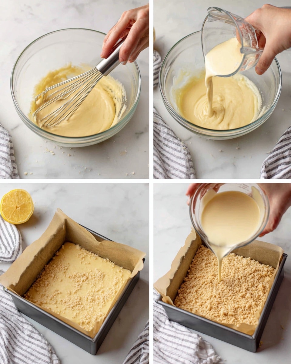 The series of images show the process of making a layered dessert. In the first image, a woman's hand is whisking a smooth, pale yellow mixture in a clear glass bowl on a white marbled surface. The second shows the same bowl as a clear measuring cup pours a light creamy liquid into the whisked mixture, creating a flowing, slightly frothy texture. The third image features the pale yellow custard-like mixture being poured from the glass bowl into a square baking tray lined with brown parchment paper and a crumbly beige base layer. In the last image, a woman's hand is sprinkling crumbly topping over the smooth yellow layer in the baking tray, which is placed on a white marbled surface beside a striped cloth and a lemon. photo taken with an iphone --ar 4:5 --v 7