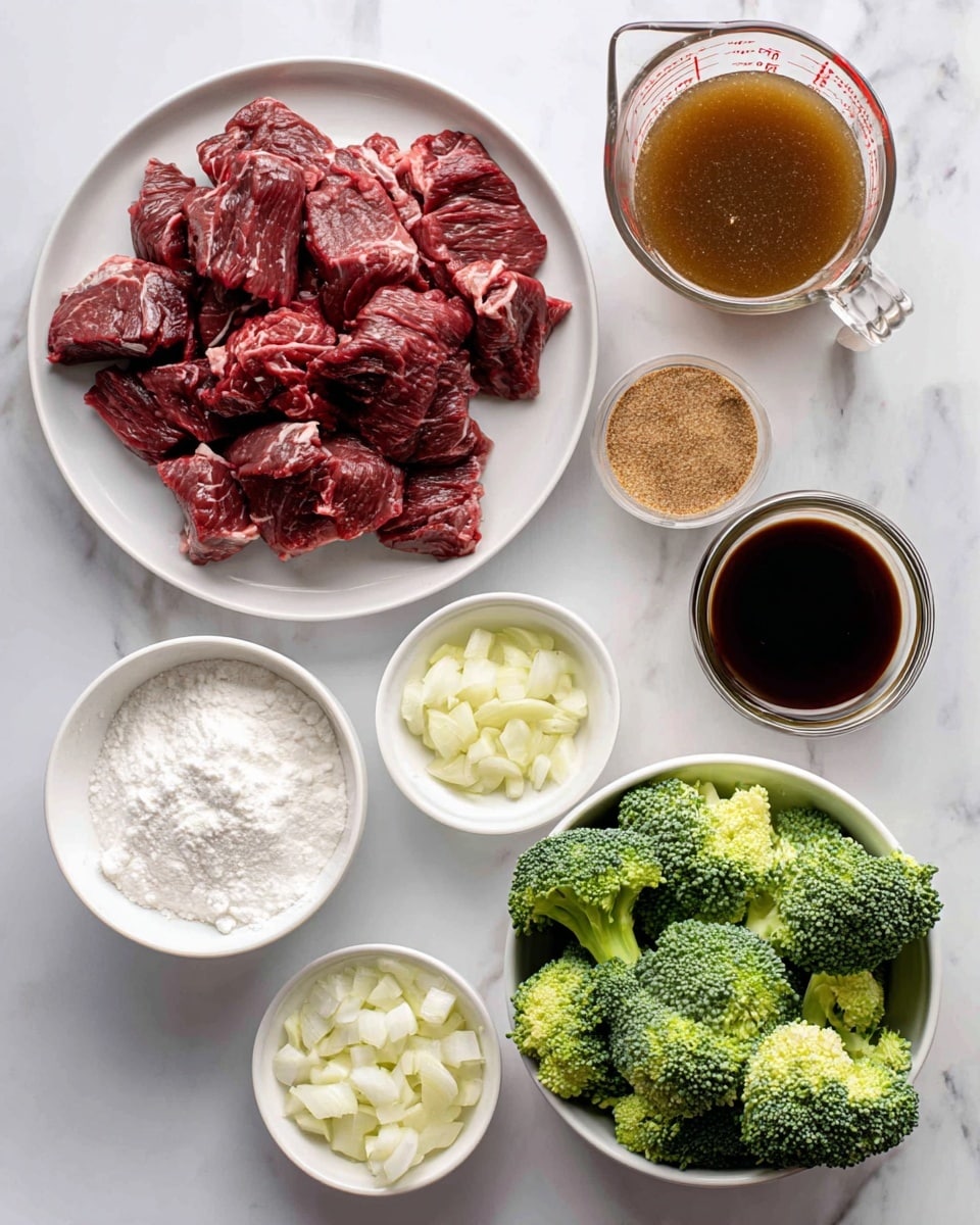 The image shows several ingredients arranged on a white marbled surface. On the left side, there is a white plate with raw sliced beef that is dark red with some fatty white parts. At the top right, a clear measuring cup contains brown beef stock. Below it, a white bowl holds fresh green broccoli florets with tight buds and light green stems. At the bottom left, a small white dish has white cornstarch powder. Next to it, another white dish contains diced white onion pieces. On the bottom right side, a small clear bowl contains chopped garlic cloves. There is also a small white bowl with light brown granulated brown sugar and another small clear bowl with dark brown stir-fry sauce. The ingredients are neatly placed and labeled, photographed from above. Photo taken with an iphone --ar 4:5 --v 7