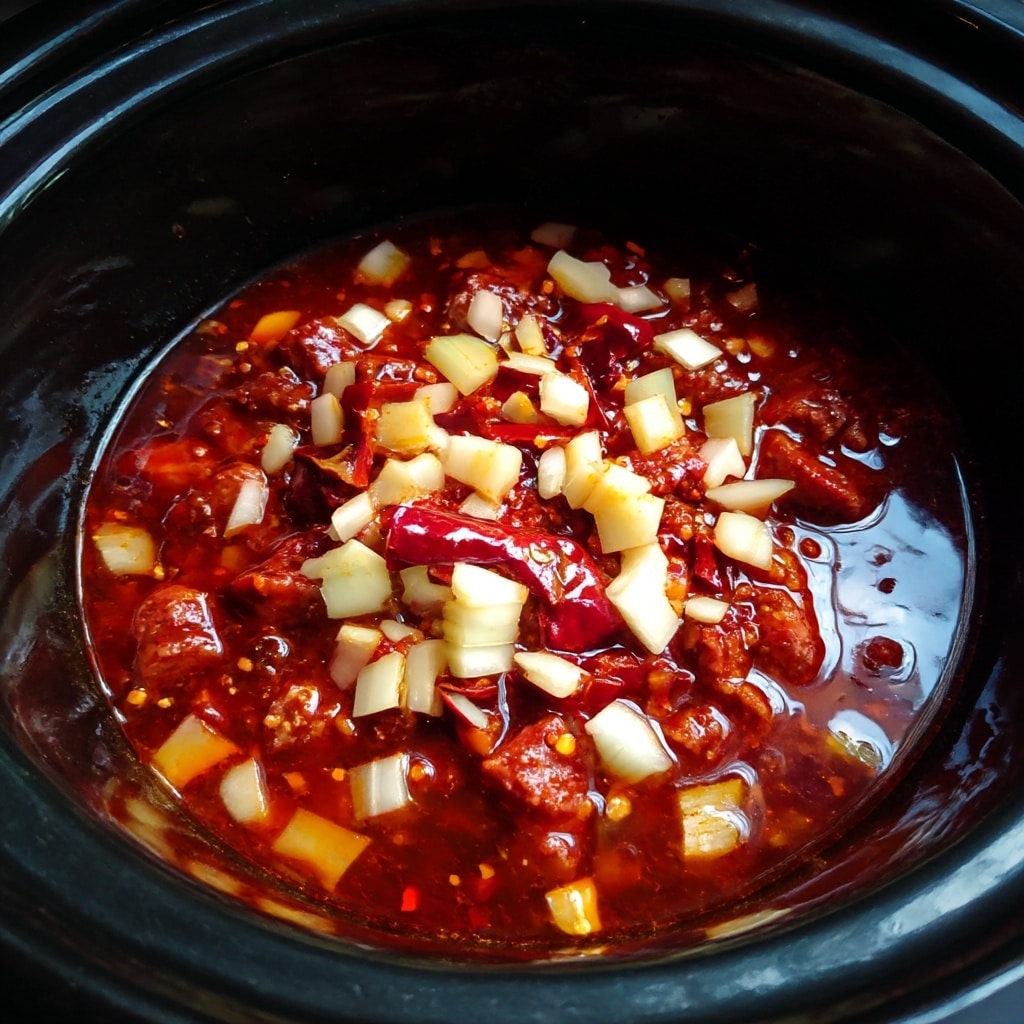 Inside a black slow cooker, there is one main layer of bright red dried chili peppers with wrinkled texture, partially soaked in light brown sauce. Scattered on top and around the chilies are small chopped pieces of pale yellow onions. The sauce appears shiny and slightly thick, pooling at the bottom. The whole view is close up, showing the mix inside the cooker. Photo taken with an iphone --ar 4:5 --v 7