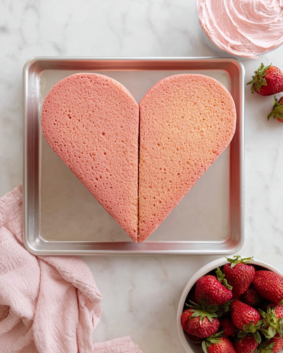 A heart-shaped pink cake made from three layers is placed on a baking tray; the bottom layer is a square with a soft, spongy texture, and two rounded halves sit side by side on top, forming the heart shape. The cake has an even, smooth surface with small air holes and a light golden-pink color. Nearby, on a white marbled surface, there is a white container filled with fresh red strawberries with green leaves, and a white bowl containing smooth pink frosting swirled gently inside it. A light pink cloth is placed on the lower left corner of the image. Photo taken with an iphone --ar 4:5 --v 7