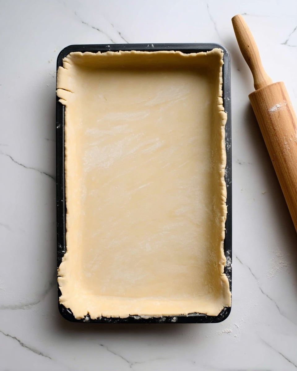 A rectangular black baking pan lined with a single smooth layer of light beige dough pressed evenly against the base and sides, with the dough edges slightly folded over the pan rim, sitting on a white marbled surface next to a wooden rolling pin. photo taken with an iphone --ar 4:5 --v 7