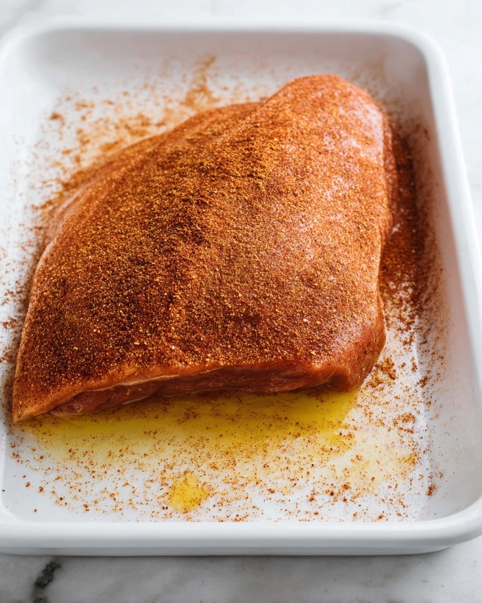 A single large piece of raw meat, covered evenly with a reddish-brown spice rub, sits flat in a white rectangular dish. The meat has a smooth but slightly textured surface, with the spices creating a fine granular layer on top and scattered lightly around the edges of the dish. There is a small pool of yellowish oil or liquid near one corner of the meat, slightly reflecting the light. The background is a white marbled texture. photo taken with an iphone --ar 4:5 --v 7