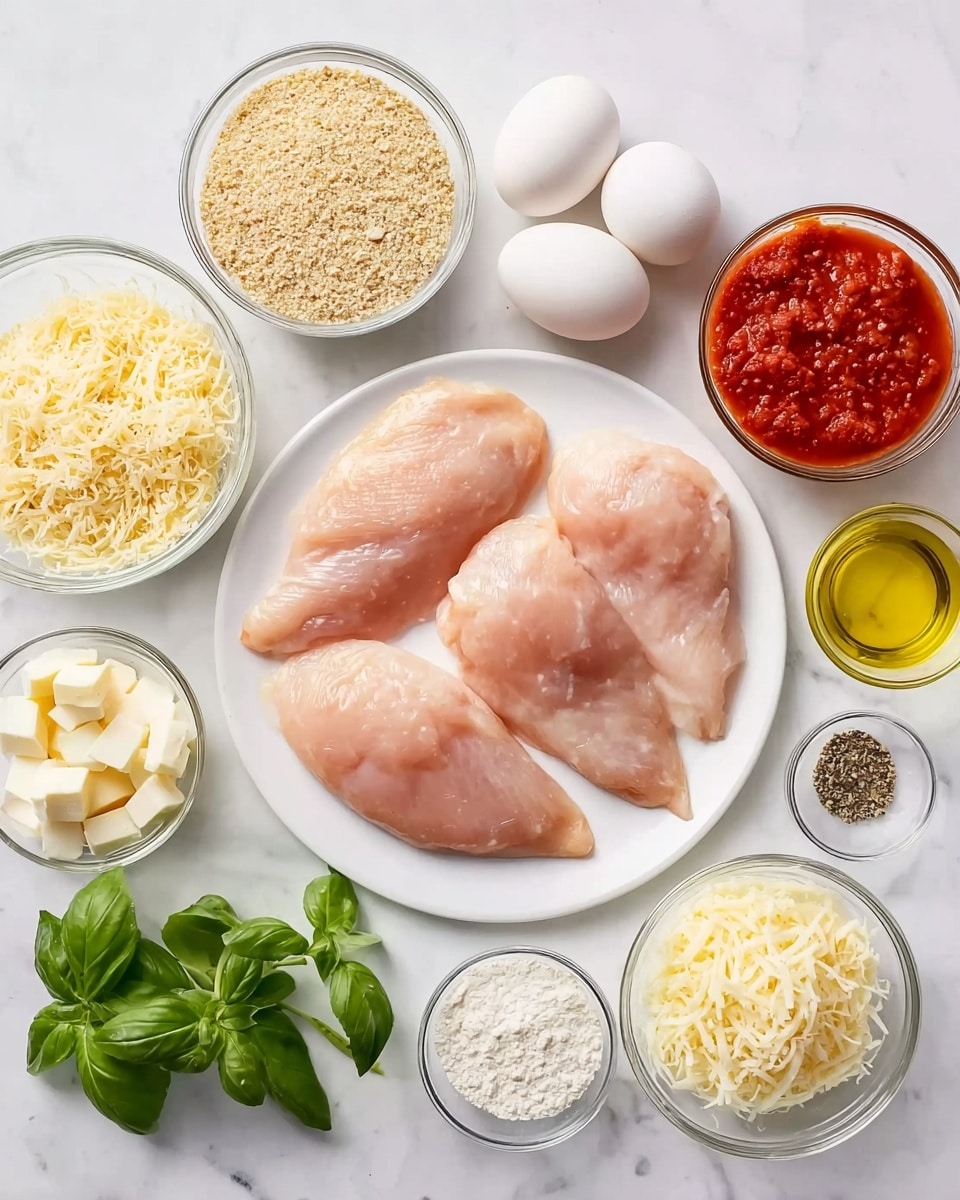 The image shows a white plate on a white marbled table holding four raw, pale pink chicken fillets. Around the plate, there are small glass bowls with different ingredients arranged neatly: light brown breadcrumbs, two whole white eggs in one bowl, small white cheese cubes, shredded yellowish cheese, finely grated white cheese, tomato sauce with red color, a small bowl with white flour, a small bowl with clear yellow olive oil, and a small bowl with a pinch of black pepper and salt. A small bunch of fresh green basil leaves is also placed near the bowls. The scene is bright and clean, with all items clearly visible and arranged. photo taken with an iphone --ar 4:5 --v 7