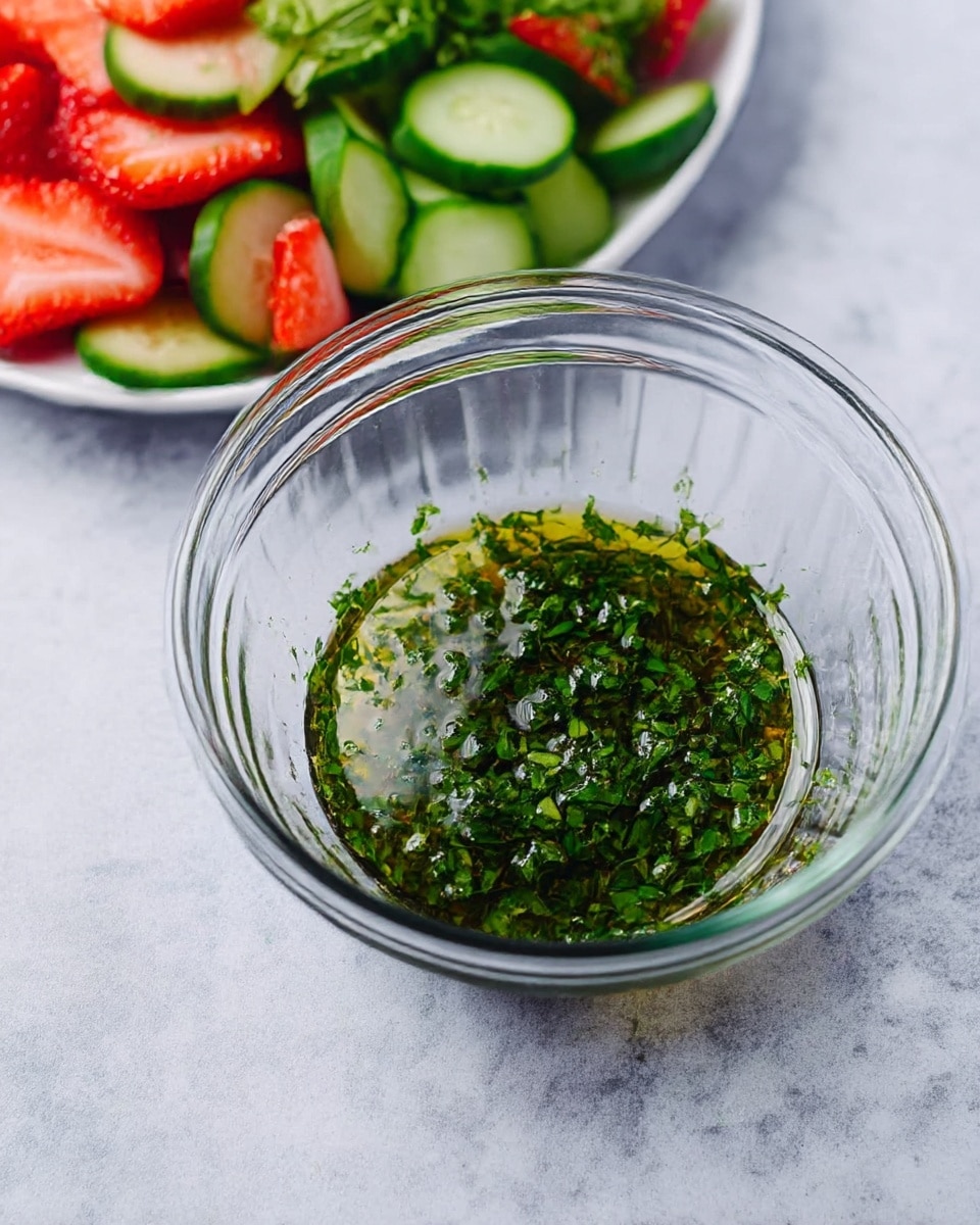 A clear glass bowl sits on a white marbled surface, filled with a green herb mixture featuring finely chopped leaves soaked in golden olive oil, creating a shiny and fresh texture that pools slightly in the center. Next to it, a white plate holds a colorful salad layer of sliced bright red strawberries mixed evenly with vivid green cucumber rounds, both fresh and juicy looking. The contrast between the green mix in the bowl and the vibrant fruit and vegetable slices on the plate creates a fresh, healthy feel photo taken with an iphone --ar 4:5 --v 7