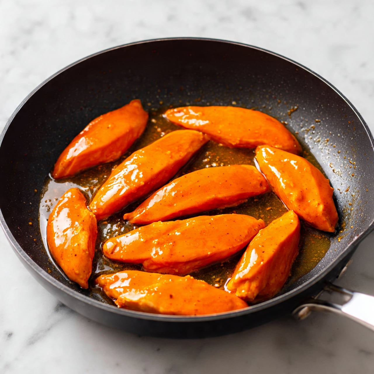 A black frying pan holds nine long, smooth, orange pieces of chicken coated evenly in a glossy sauce, with a thin layer of the sauce pooling around them at the base of the pan. The chicken pieces are arranged close together in a circular pattern, with slight overlaps, showing a shiny, wet texture. The background is a clean white marbled texture. photo taken with an iphone --ar 4:5 --v 7