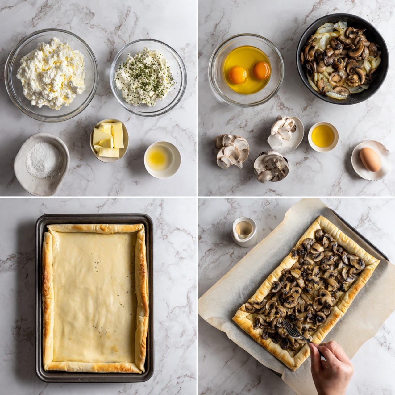 The image shows four steps of making a mushroom tart on a white marbled surface. Step 1 has a clear bowl with white creamy cheese with green herbs, beside it a white bowl with a bright yellow egg yolk and some sliced brown mushrooms in another clear bowl. Step 2 shows cooked brown mushrooms with soft texture and small onion pieces in a black pan, placed on the white marbled surface, along with small white bowls of melted yellow butter, black pepper, and salt. Step 3 displays a rectangular puff pastry dough rolled out on baking paper on a baking tray, with a woman's hand holding a silver fork poking holes evenly in the center. Step 4 presents the tart ready to bake, with a border of golden yellow egg wash around the edges, white creamy cheese spread inside the border, and a pile of cooked dark brown mushrooms covering the cheese, all on the baking paper-lined tray. Photo taken with an iphone --ar 4:5 --v 7