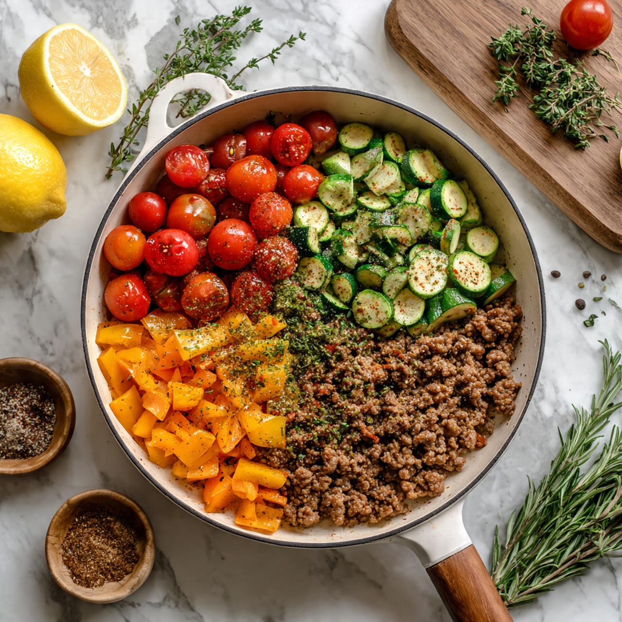A round white pan filled with three main layers: the bottom layer is cooked minced meat in brown color with a crumbly texture, the middle layer is chopped orange bell peppers with a smooth, slightly shiny surface, and the top layer consists of halved cherry tomatoes displaying a bright red color and juicy texture along with green zucchini pieces cut into chunks sprinkled with mixed herbs and spices in dark green and reddish tones. The pan is placed on a white marbled surface with additional ingredients like a lemon, wooden slicing board, and small bowls of spices scattered around. photo taken with an iphone --ar 4:5 --v 7