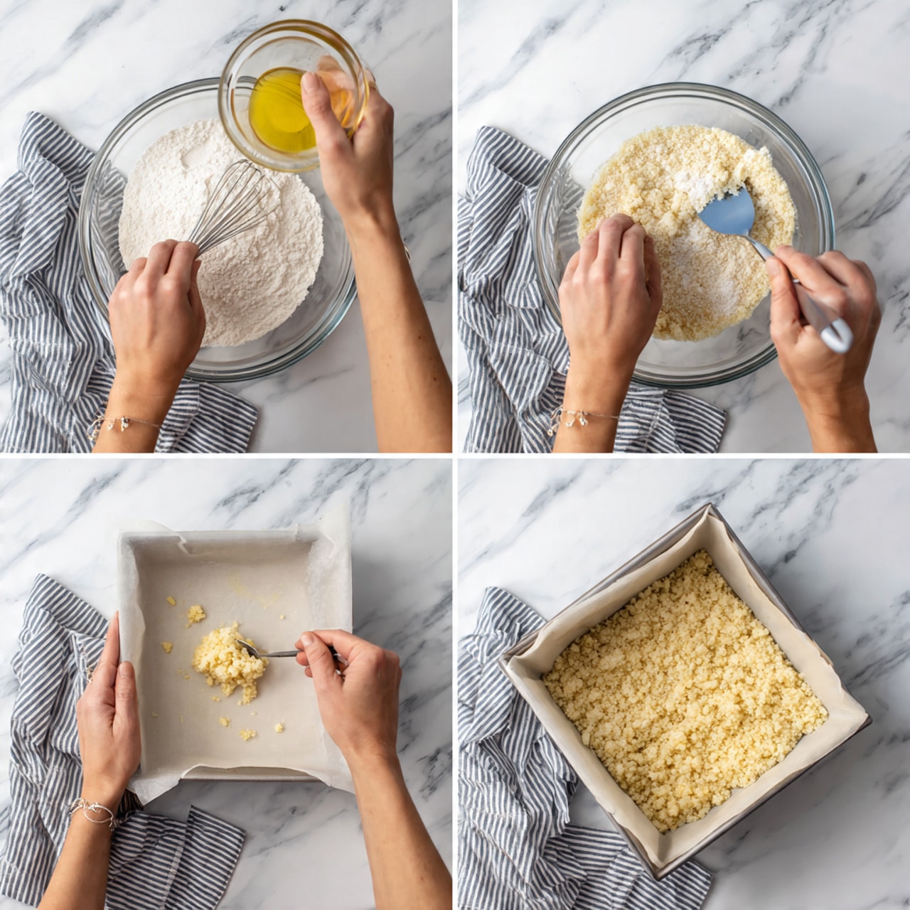 A collage of four images shows the process of making a crumbly dough. In the first image, a woman's hand is whisking white flour in a clear glass bowl placed on a white marbled surface. The second image shows a woman's hand pouring a yellow liquid from a small clear bowl into the flour mixture in the same clear bowl. In the third image, a woman's hand is holding a small lump of crumbly dough that is light beige in color, with a blue spatula resting in the bowl. The fourth image displays a woman's finger pressing down the crumbly dough evenly into a white paper-lined square pan with a silver spoon, all on the same white marbled surface. photo taken with an iphone --ar 4:5 --v 7