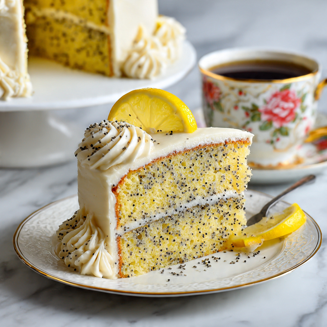 A slice of two-layer lemon poppy seed cake sits on a white plate with a gold rim. Each layer of the cake is light yellow with small black poppy seeds visible throughout. Between and on top of the layers is smooth white frosting. Two small swirls of frosting topped with thin lemon wedges decorate the top edge of the slice. Behind the plate is a white marbled surface with a blurred white cake stand holding the rest of the cake and a teacup with a floral pattern filled with dark coffee. Photo taken with an iphone --ar 4:5 --v 7