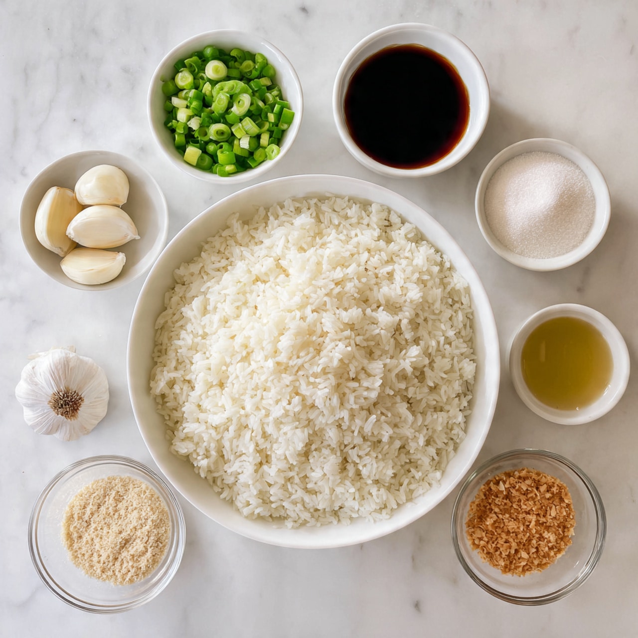 A large white bowl filled with a fluffy layer of white cooked rice sits in the center on a white marbled surface. Surrounding it are small white and clear bowls holding different ingredients: one bowl has bright green chopped scallions, another shows several whole peeled garlic cloves, a third contains a dark brown soy sauce, and a fourth holds a pale golden liquid, possibly broth or oil. Two additional small clear bowls are present, one with a mix of fine white and light brown powders (seasonings), and the other with a pile of crushed light brown toasted garlic. The bowls are arranged in a loose circle around the rice bowl, all placed neatly on the white marbled surface. Photo taken with an iphone --ar 4:5 --v 7