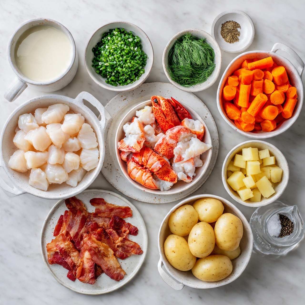 The image shows an overhead view of various fresh ingredients arranged on a white marbled surface. At the center, there is a white speckled bowl filled with three types of seafood: pale pink pieces of haddock, bright red chunks of cooked lobster, and light gray shrimp. Above that, a white speckled plate holds plump, light beige scallops. To the right, a white speckled bowl contains small cubes of light yellow potatoes, and next to it, two small white bowls hold salt and black pepper. Above these, a white bowl is filled with bright orange sliced carrots. To the left of the scallops, there is a small white bowl with fresh green dill, and above that, another white bowl filled with chopped green chives. A clear measuring cup containing white cream sits near the bottom left corner, and a white plate with cooked, cut bacon pieces is partly visible at the bottom left. photo taken with an iphone --ar 4:5 --v 7