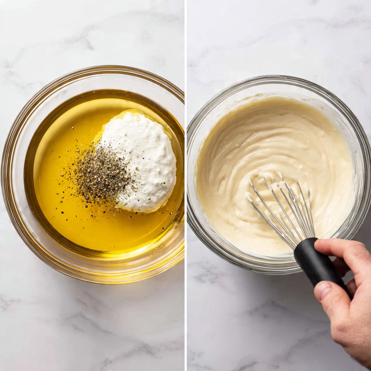 The image shows two clear glass bowls placed side by side on a white marbled surface. The bowl on the left has three layers: a shiny golden yellow liquid at the bottom, a thick white creamy layer on top, and a small pile of black pepper on one side of the creamy layer. The bowl on the right is filled with a smooth, light beige creamy mixture that is being whisked by a person's hand holding a black whisk from the right side of the frame. photo taken with an iphone --ar 4:5 --v 7