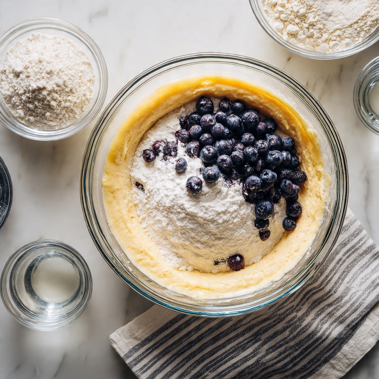 A large clear glass bowl placed on a white marbled surface with three main layers inside: a bottom layer of smooth, light yellow batter, a middle layer of white flour mixed with some light brown powder and a few dark spots, and a top layer of small, dark blue berries scattered on one side, with some flour dusting over them. Around the bowl are smaller clear glass bowls containing white flour and a transparent liquid, all on a light textured cloth with dark stripes. photo taken with an iphone --ar 4:5 --v 7