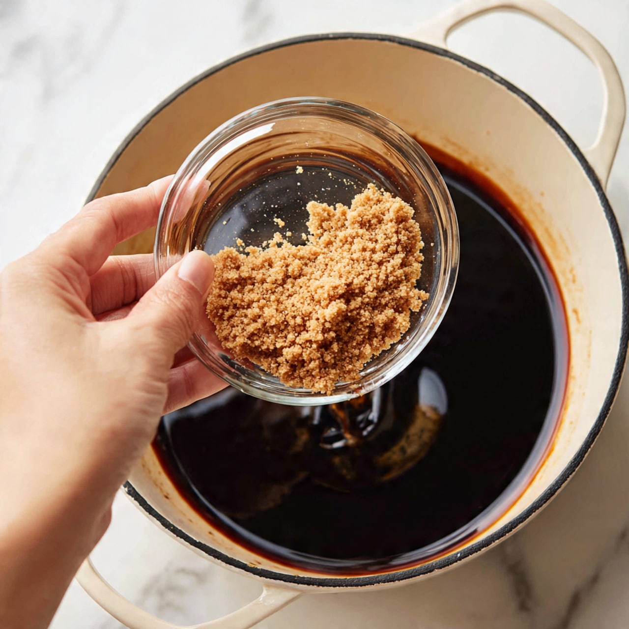 A close-up view showing a woman's hand holding a small clear glass bowl inside a large white cast iron pot. The pot contains a thick, shiny dark liquid layer at the bottom. The woman's hand is pouring a loose, light brown crumbly substance from the glass bowl into the dark liquid, creating a contrast between the two textures and colors. The pot is placed on a white marbled surface. Photo taken with an iphone --ar 4:5 --v 7