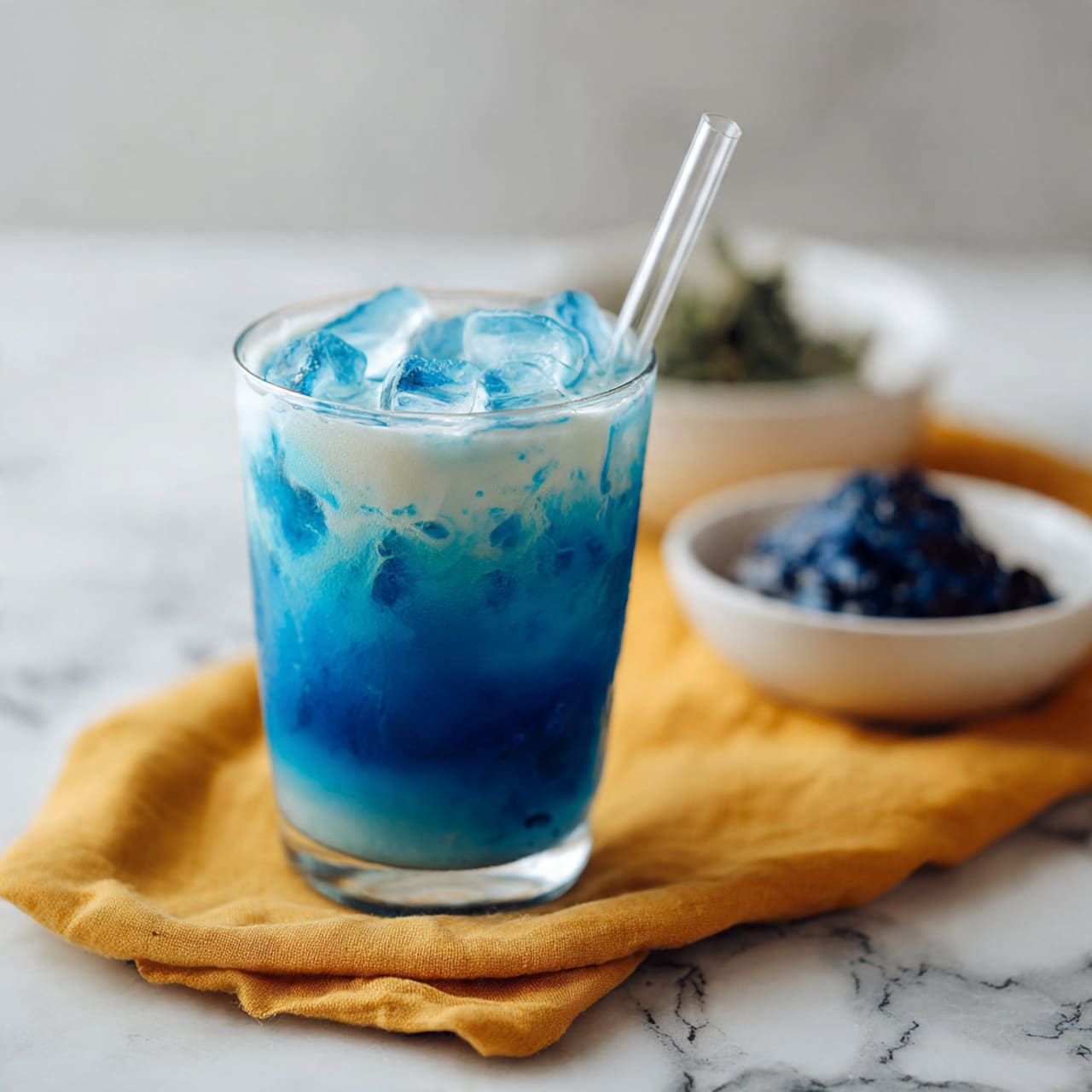 A clear glass filled with a blue drink that has a frothy top and some ice cubes floating inside. The drink has layers of blue shades, from a deeper blue at the bottom to a lighter blue near the top with bubbles on the surface. A clear straw is placed inside the glass, slightly angled toward the right. The glass sits on a mustard yellow cloth on a white marbled surface. In the background, a white dish with a dark blue paste and some green leaves are softly blurred. Photo taken with an iphone --ar 4:5 --v 7