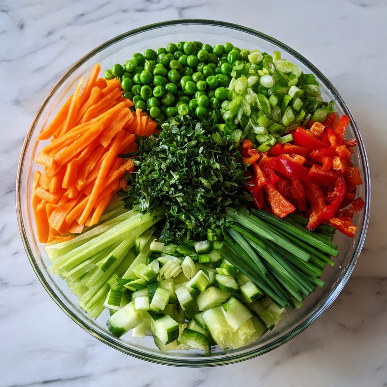A clear glass bowl rests on a white marbled surface, filled with organized layers of fresh vegetables. Starting from the bottom edge going clockwise, there are thin sticks of bright orange carrots, followed by green cucumber strips, light green peas, and dark red bell pepper strips. The center holds a pile of finely chopped dark green herbs, surrounded by a layer of sliced light green scallions and bright green snap peas. Each vegetable layer is distinct in color and texture, showcasing a fresh, crisp salad mix. Photo taken with an iphone --ar 4:5 --v 7