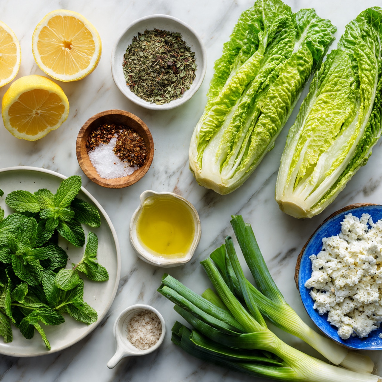 The image shows fresh ingredients arranged on a white marbled surface. In the center, there are two bright green romaine lettuce halves with crisp textured leaves. To the top left, there are two lemon halves with bright yellow juicy interiors. Below the lemons, there is a white bowl filled with green dried herbs, next to a small wooden bowl containing white salt. Toward the top center, a white bowl holds a small amount of brown dried spices, and a clear measuring cup filled with golden olive oil is nearby. On the right, a white plate carries fresh green mint leaves with detailed veins, while a blue bowl holds crumbled white cheese. In the bottom right corner, there is a bunch of fresh green spring onions with long white bulbs. Everything sits neatly on the white marbled surface. Photo taken with an iphone --ar 4:5 --v 7