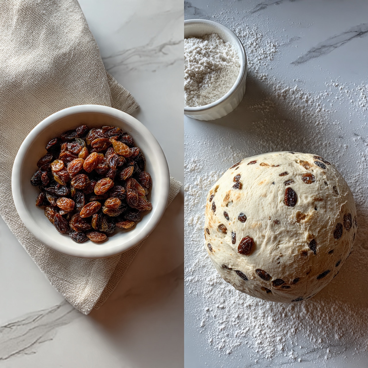 The image shows two parts side by side on a white marbled surface. On the left, there is a white bowl with large holes filled with dark and light brown raisins. The bowl is placed on a light cloth. On the right, there is a round ball of dough with raisins inside placed directly on the white marbled surface. The dough is light tan with dark raisins spread throughout its surface, and some white flour dust is sprinkled around it and on a small white bowl of flour in the top corner. Photo taken with an iphone --ar 4:5 --v 7