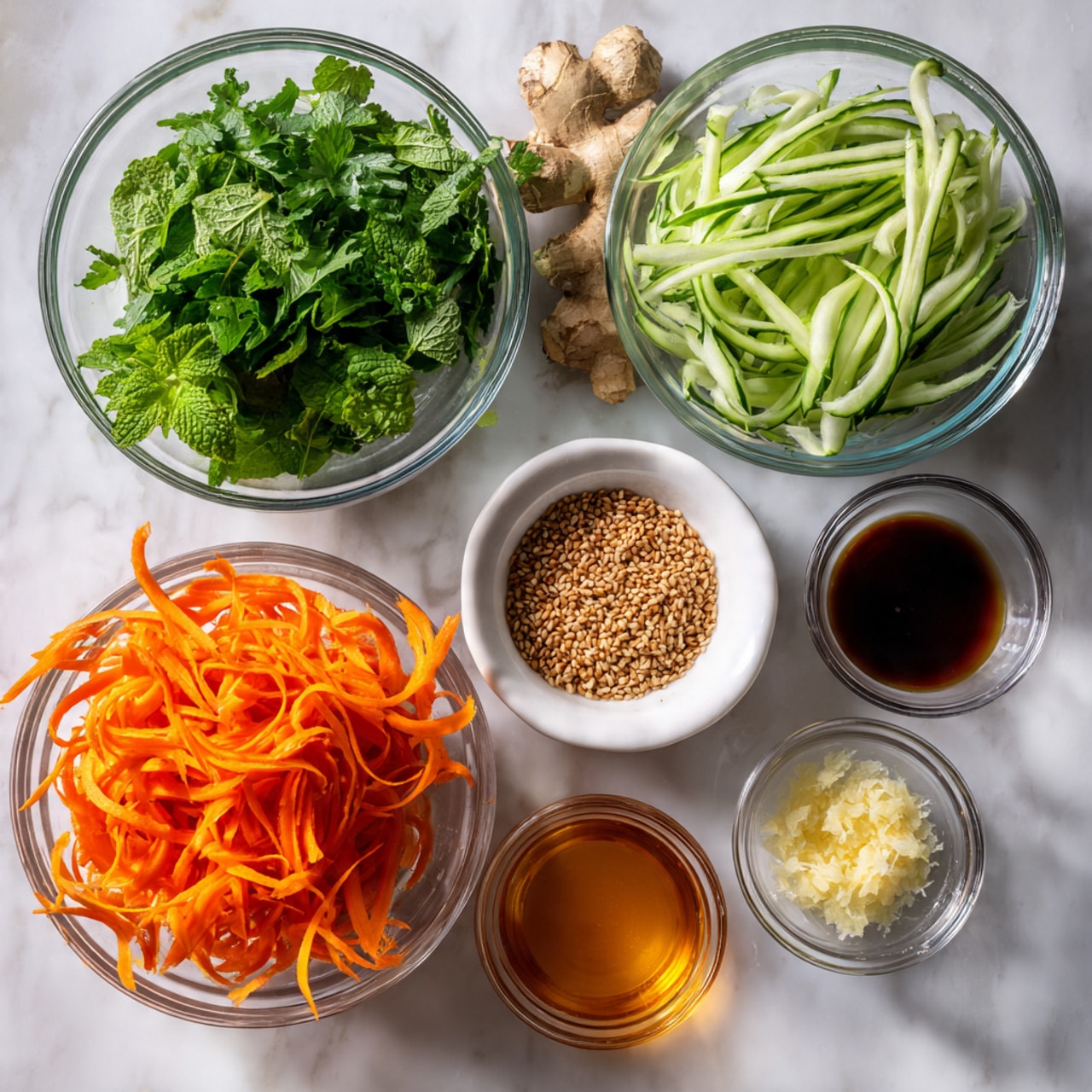 The image shows a top view of various clear glass bowls arranged neatly on a white marbled surface. Starting from the bottom left, a bowl is filled with bright orange carrot ribbons, thin and curly, creating a layered, textured look. To its right, another bowl holds pale green, thinly sliced cucumber ribbons, light and slightly translucent with darker green edges. Above the carrots, a bowl of fresh, dark green cilantro leaves sits next to a bowl of vibrant, bright green mint leaves. In the center, a small white bowl contains light brown toasted sesame seeds, with a rough texture. Towards the top right are three small glass bowls with dark soy sauce, a light amber liquid possibly vinegar, and a golden honey-like liquid. Finally, a tiny bowl of finely minced pale yellow ginger and a small empty glass bowl complete the setting. The background is softly lit, highlighting the freshness and color contrast of the ingredients. photo taken with an iphone --ar 4:5 --v 7