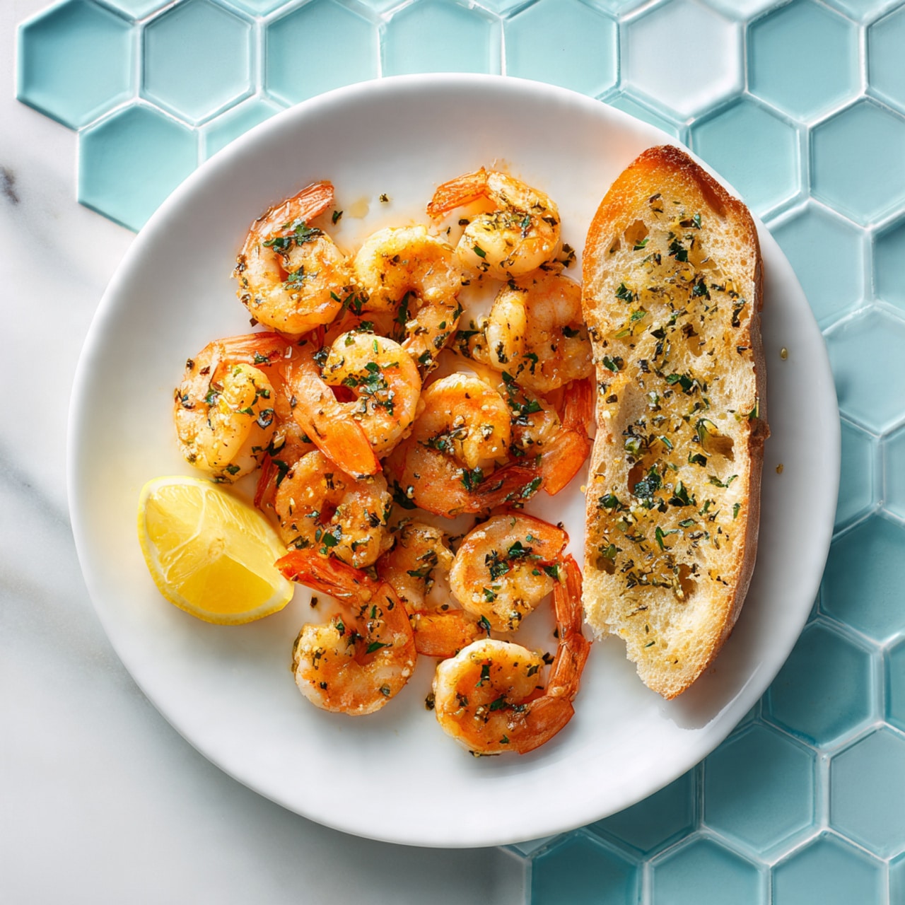 A white plate holds orange cooked shrimp spread across the surface, each shrimp garnished with small green herb pieces and tiny bits of garlic, giving a textured, fresh look. On the right side of the plate, there is a golden brown piece of crusty bread with a rough, crunchy crust and soft interior, sprinkled with herbs. Near the bottom left corner, there is a bright yellow lemon wedge with a juicy, shiny texture. The plate is set on a light blue hexagonal tiled surface changed to a white marbled texture. photo taken with an iphone --ar 4:5 --v 7