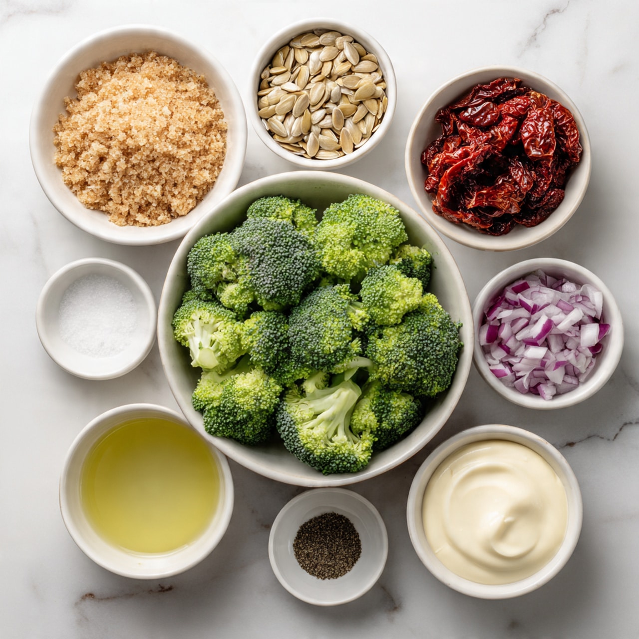The image shows nine small white bowls arranged neatly on a white marbled surface. The largest bowl in the center is filled with bright green broccoli florets with a fresh, textured look. Surrounding it are smaller bowls: on the top left is light brown sugar with a grainy texture, next to it on the top right is sun-dried tomatoes showing a deep red, slightly oily appearance. To the left below sugar is sunflower seeds, small and light beige. Next to seeds is a bowl with apple cider vinegar, light yellow and translucent. Below that is a small bowl with coarse white salt, beside it a bowl with ground black pepper, and next to the pepper at the bottom center is a bowl filled with finely chopped red onion, pale purple and white in color. Finally, on the far right is a bowl filled with smooth, creamy white vegan mayonnaise. Photo taken with an iphone --ar 4:5 --v 7