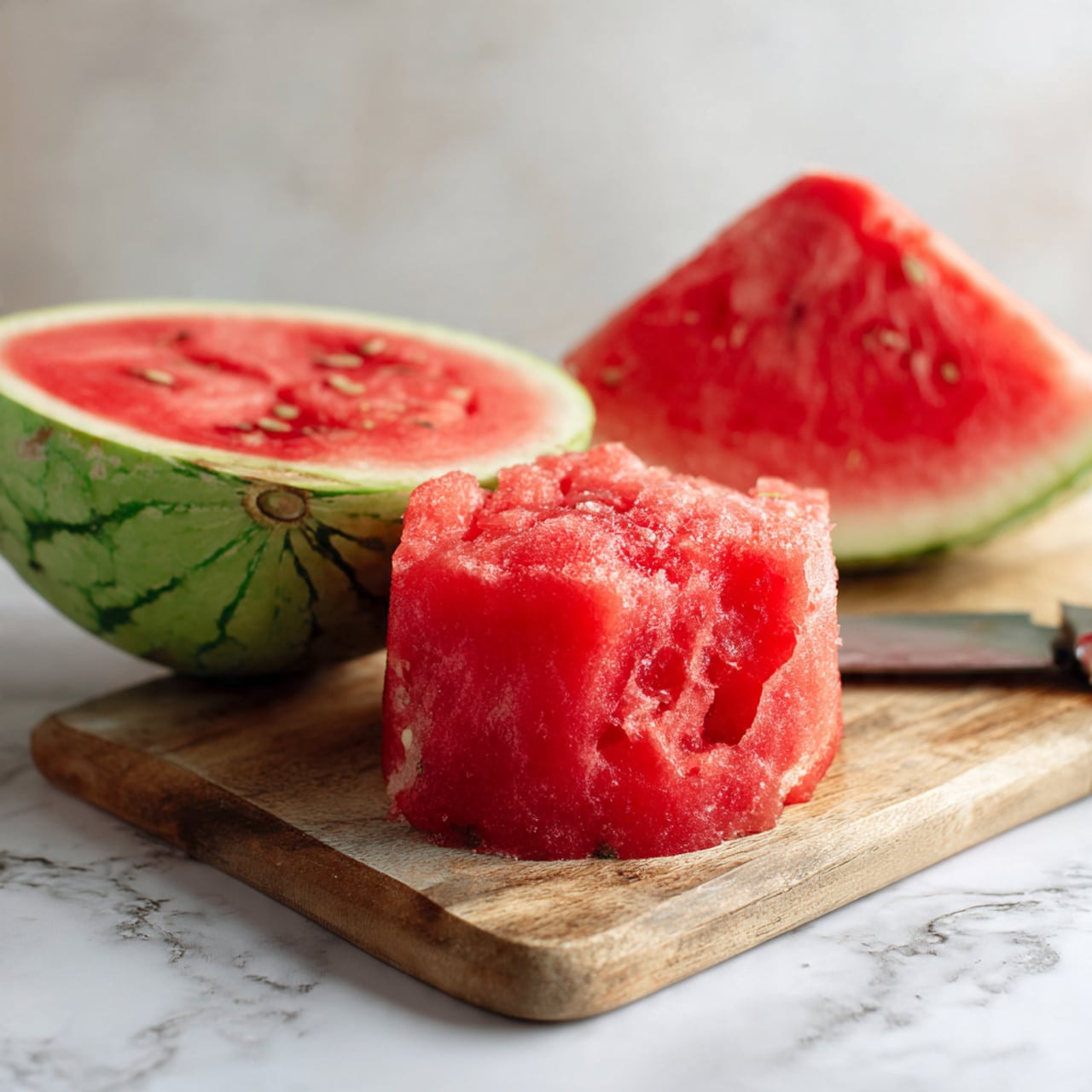The image shows a wooden cutting board on a white marbled surface with half a watermelon and a large piece of peeled watermelon flesh. The watermelon half is green on the outside with bright red juicy flesh inside that has some black seeds. The peeled watermelon piece is a rounded mound of bright red flesh with a slightly uneven surface texture. There is a metal knife with a black handle lying on the cutting board next to the peeled watermelon. The background is softly blurred, keeping the focus on the watermelon and the knife photo taken with an iphone --ar 4:5 --v 7