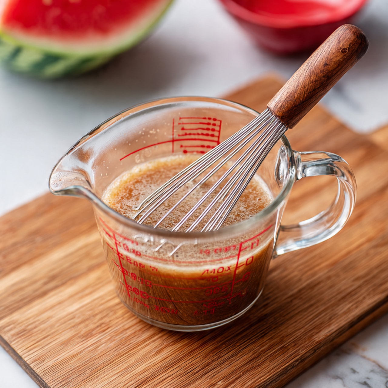 A clear glass measuring cup filled with a light brown liquid sits on a wooden cutting board, with a small metal whisk inside the cup. The whisk has a wooden handle, and the liquid appears smooth with small bubbles on the surface. In the background, there is a blurry half watermelon and a red bowl sitting on a white marbled texture. The photo has a close-up, slightly tilted angle, showing the cup’s red measurement markings clearly. Photo taken with an iphone --ar 4:5 --v 7