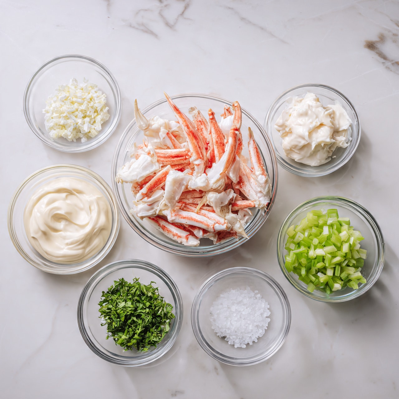 The image shows six small clear glass bowls arranged on a white marbled surface. The largest bowl in the center contains many pieces of white and pink crab meat, with the pink parts showing the tips of the pieces. Surrounding it are five smaller bowls: one with creamy white mayonnaise, another with a thick white sauce, one with small white salt grains, one filled with finely chopped green celery, and the last with chopped green herbs. The bowls are clean and simple, each clearly displaying its ingredient. photo taken with an iphone --ar 4:5 --v 7