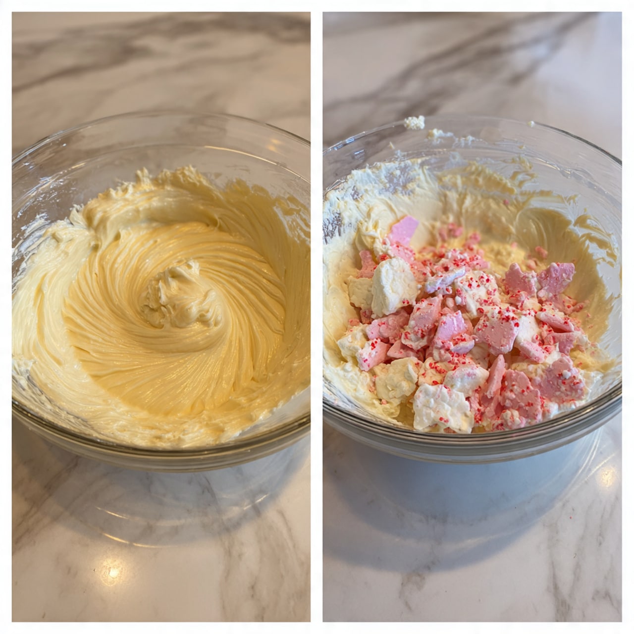 The image shows two close-up views inside a clear glass bowl placed on a white marbled surface. On the left side, there is a smooth, creamy mixture of pale yellow color with a soft and fluffy texture, swirled gently as if just mixed. On the right side, the bowl contains the same yellow mixture at the bottom, topped with broken pieces of pink and white frosted crackers or cookies scattered unevenly, with some red sprinkles visible on the frosting, adding a rough, crunchy contrast to the creamy layer below. Photo taken with an iphone --ar 4:5 --v 7