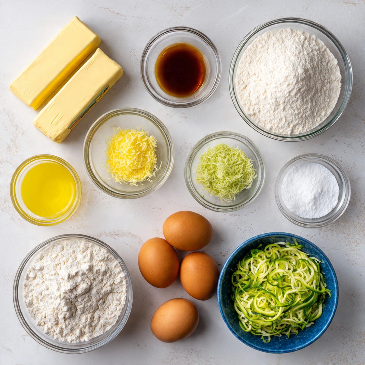 A collection of baking ingredients arranged neatly on a white marbled surface includes six clear glass bowls and four brown eggs lined horizontally. The largest bowl at the bottom left holds white flour with a soft, powdery texture. Next to it on the right are small bowls with white baking powder and salt, and several brown eggs in a row. Above the eggs is a medium bowl filled with fine, white granulated sugar. To the right, a bowl contains finely shredded green zucchini, showing a moist and fibrous texture. Nearby, two smaller bowls hold bright yellow lemon zest and a pale yellow lemon juice, both finely textured. Another small bowl holds dark brown vanilla extract with a smooth liquid surface. Two sticks of butter wrapped in labeled paper are placed near the bowls. All items are shown clearly with soft natural lighting, photo taken with an iphone --ar 4:5 --v 7