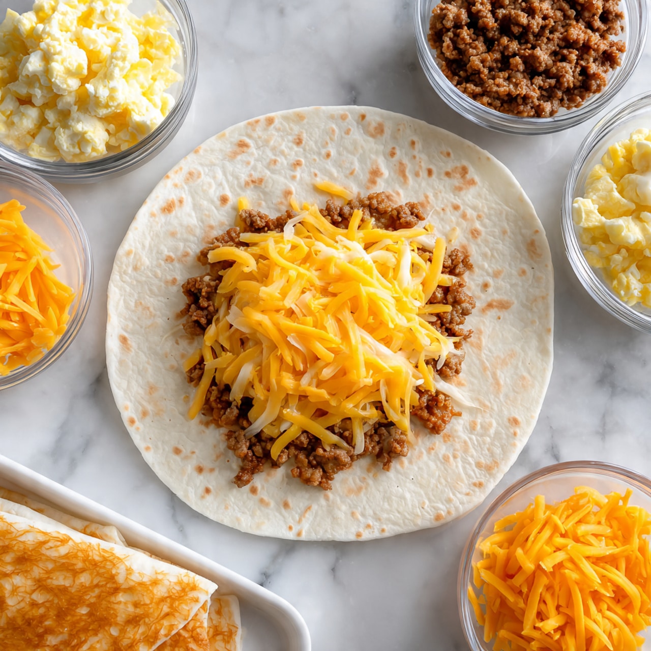 A soft white tortilla lies flat on a white marbled surface with a layer of smooth, bright yellow melted cheese sauce spread evenly in a circle, topped in the center by a golden brown hash brown patty with a crispy texture. Around the tortilla, on the white marbled background, there is a clear bowl filled with small chunks of cooked ground meat colored brown, another clear bowl filled with soft scrambled eggs that are pale yellow with a fluffy texture, and a few scattered pieces of shredded orange cheddar cheese. Two crisp hash brown patties rest on a white tray at the bottom left corner, showing their crunchy, browned surfaces. photo taken with an iphone --ar 4:5 --v 7