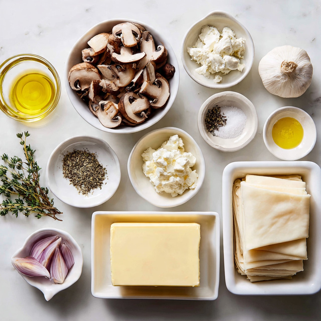 The image shows a white marbled surface with several small white bowls arranged neatly. One bowl contains sliced mushrooms with a light brown and cream color in the center. Around it are smaller bowls holding a single garlic clove, bright yellow olive oil, ground black pepper, coarse white salt, creamy white goat cheese, and small fresh green thyme leaves. Another bowl holds thinly sliced shallots with pale purple and white colors. A small white dish in the lower part of the image holds a block of pale yellow unsalted butter, and a larger white rectangular dish contains folded pale beige puff pastry dough. The arrangement is clean and organized, with text labels next to each ingredient. Photo taken with an iphone --ar 4:5 --v 7