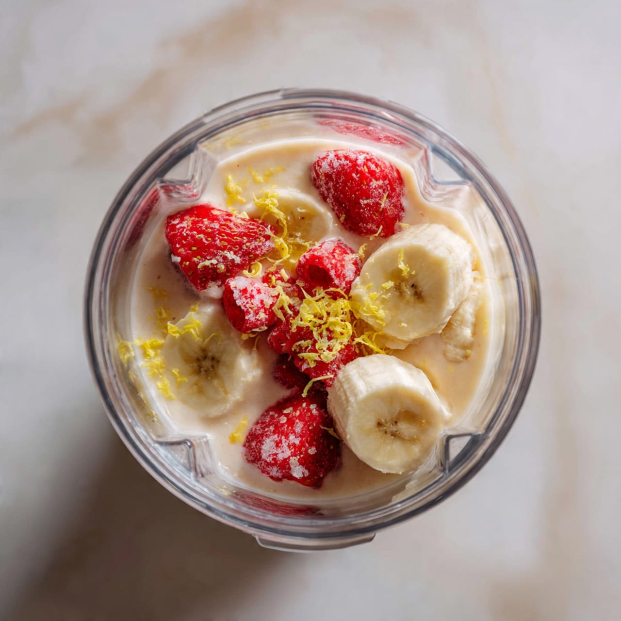 Inside a clear blender jar, there are two large peeled banana halves laying on a base layer of light creamy liquid. On top of the banana, several frozen red strawberries with icy texture are placed, mixed with small bright yellow shreds, likely lemon zest, scattered over the fruits and liquid. The blender jar is set against a white marbled surface, seen from above with soft natural lighting photo taken with an iphone --ar 4:5 --v 7