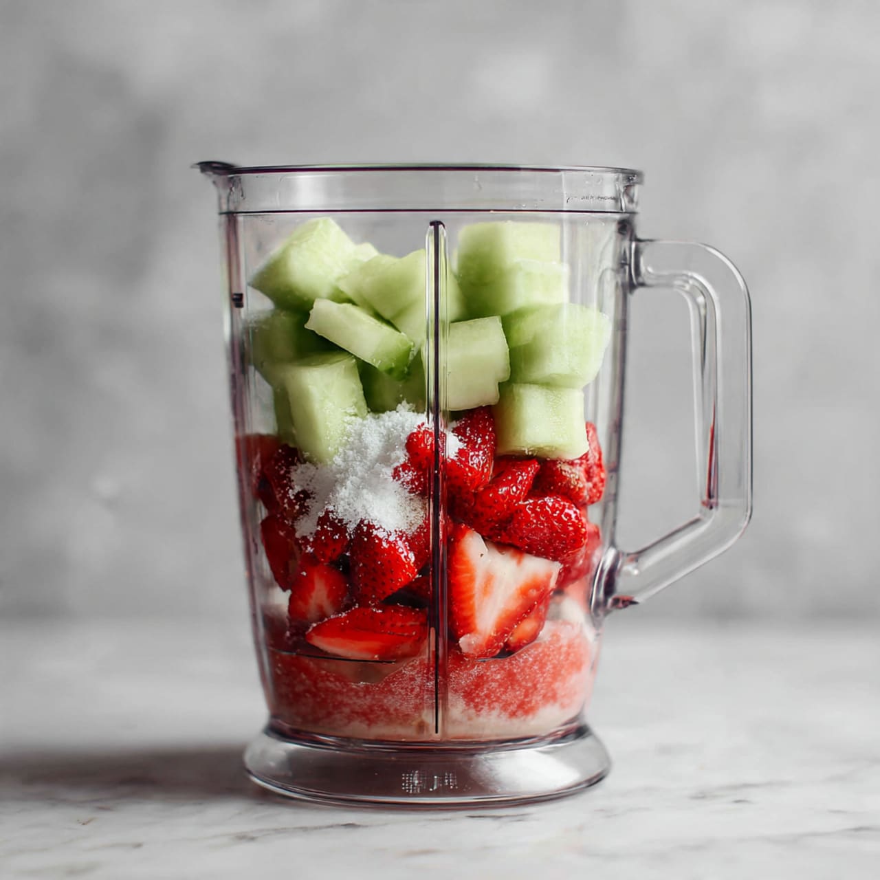 A clear blender cup sits on a white marbled surface, filled with three visible layers of fresh ingredients. The bottom layer is made of whole and sliced bright red strawberries, showing their seeds and texture. Above the strawberries, there is a small amount of white creamy substance scattered unevenly. The top layer consists of large, chunky pieces of green cucumber with smooth skin and pale inside. The clear blender cup has a handle on the right side, and the background features a soft gray color. photo taken with an iphone --ar 4:5 --v 7
